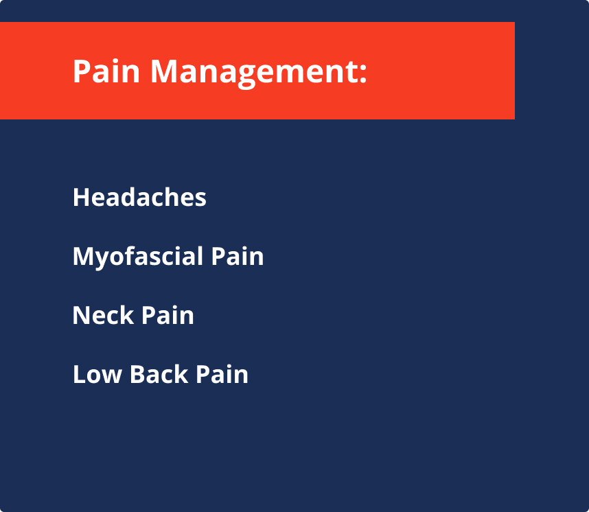 A list of types of pain being managed, including Headaches, Myofascial Pain, Neck Pain, and Low Back Pain, on a dark blue background with a red header that reads "Pain Management:".
