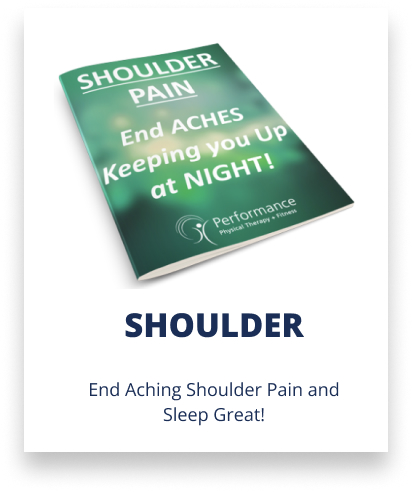 Booklet titled "shoulder pain end aches keeping you up at night!" placed at an angle with caption "end aching shoulder pain and sleep great!.