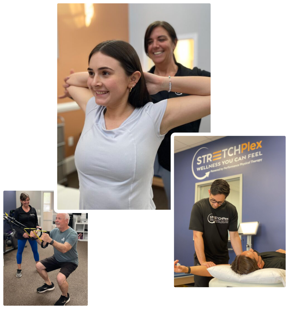 A collage of three images displaying physical therapy sessions. The top left image shows a person from the shoulders up, clasping their hands behind their head. The top right image shows a person standing in front of a sign that reads "STRETCHplex WELLNESS YOU CAN FEEL," assisting a reclined individual with a stretching exercise. The bottom image shows a person in a gym setting performing a squat while holding onto exercise equipment under the supervision of a trainer.