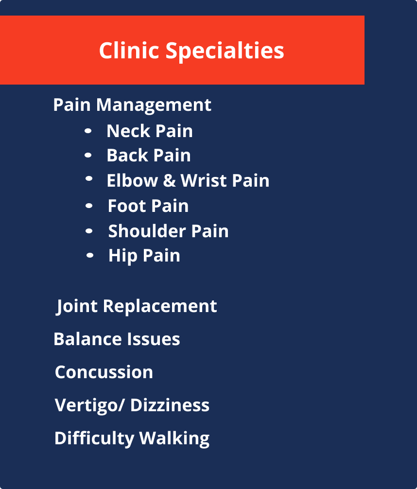 A list of clinic specialties including pain management for neck, back, elbow & wrist, foot, shoulder, and hip pain, joint replacement, balance issues, concussion, vertigo/dizziness, and difficulty walking.