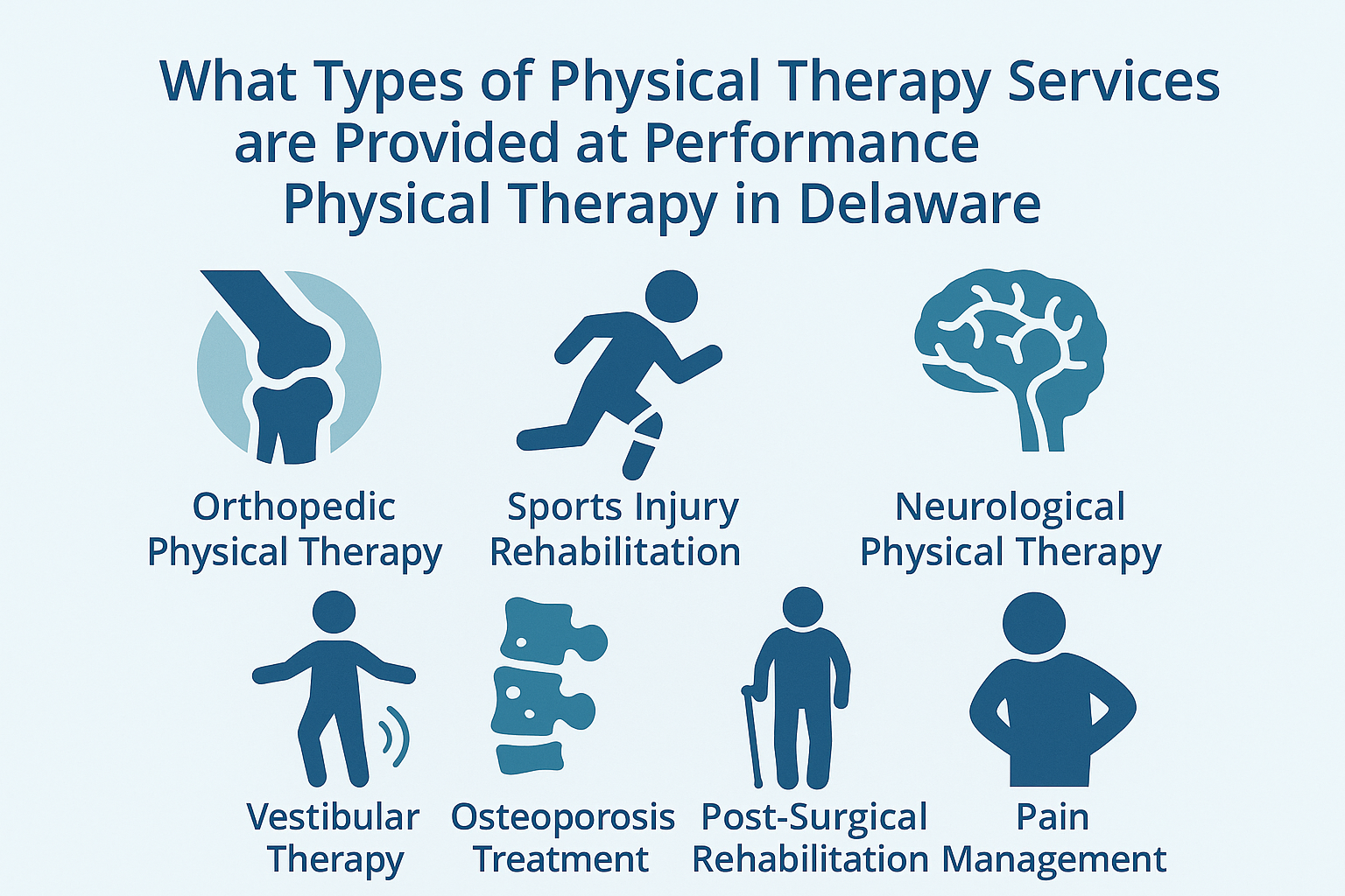 Infographic detailing physical therapy services offered in Delaware: orthopedic, sports injury, neurological therapy, and more.